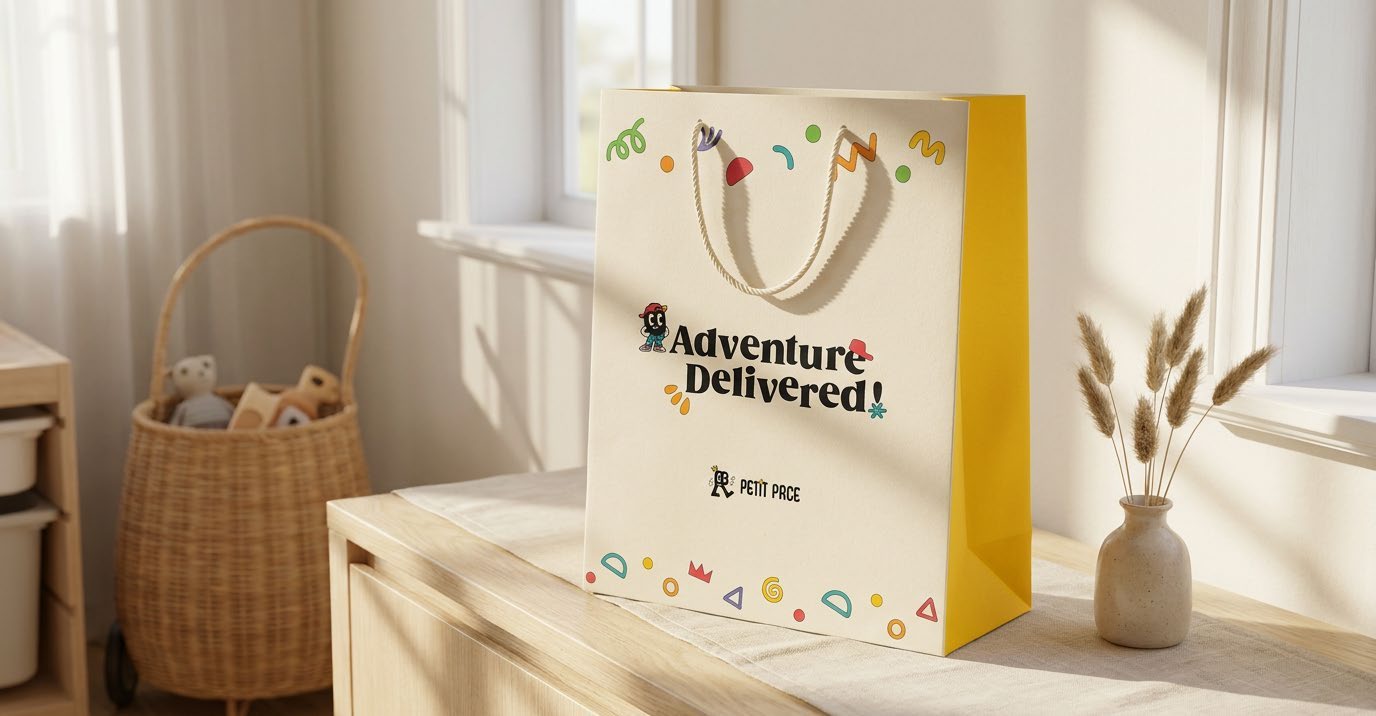 Petit Pace’s illustrated shopping bag with its walking mascot
